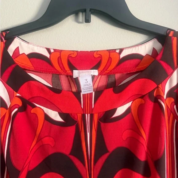 Chico's retro Red/Orange Patterned 3/4 sleeve Blouse ruched waist size 3 (XL) - Picture 2 of 8